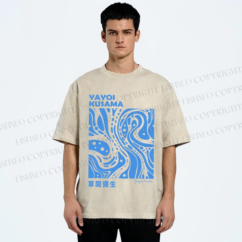 Unisex Yayoi Kusama Blue River Line Graffiti Printed Washed Tee