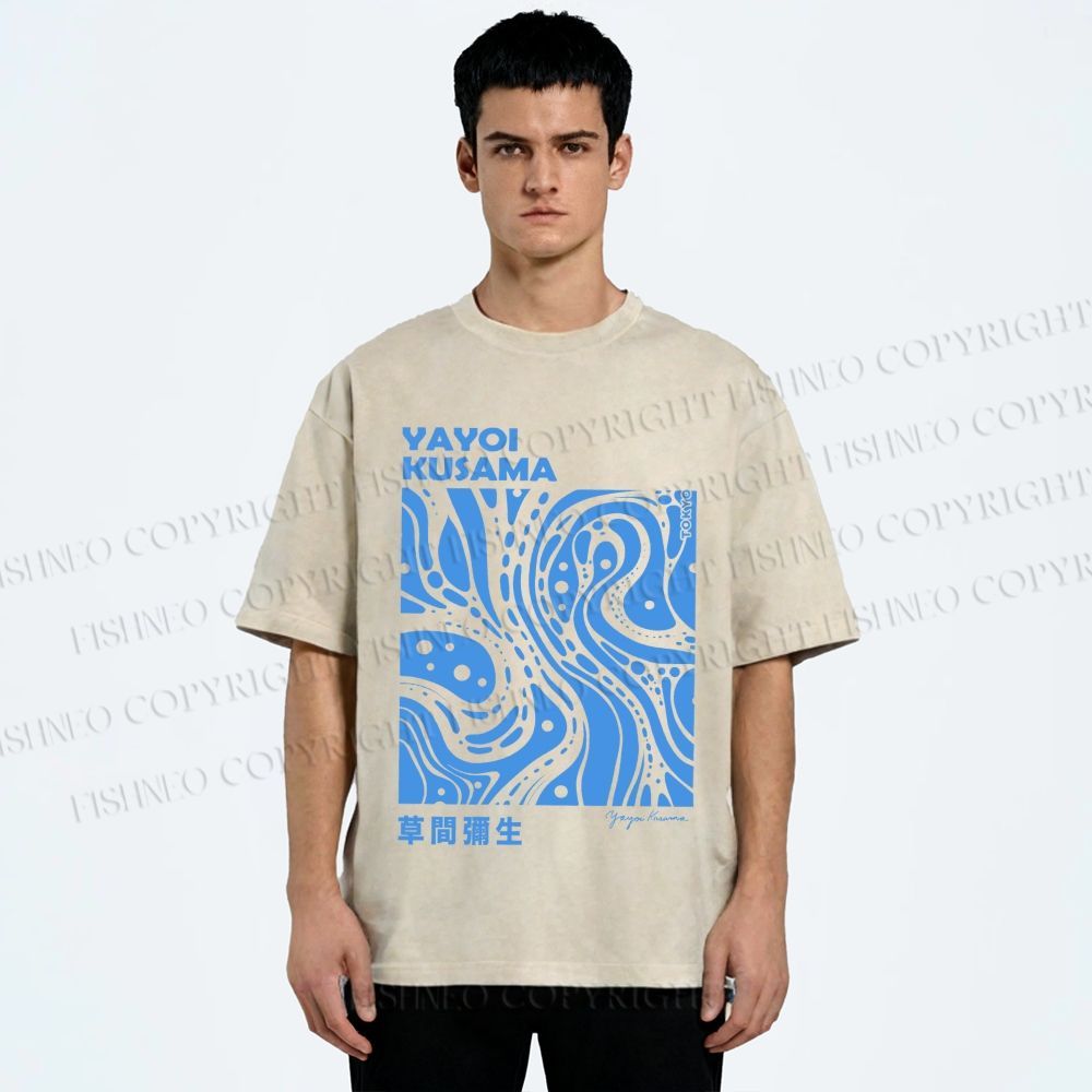 Unisex Yayoi Kusama Blue River Line Graffiti Printed Washed Tee
