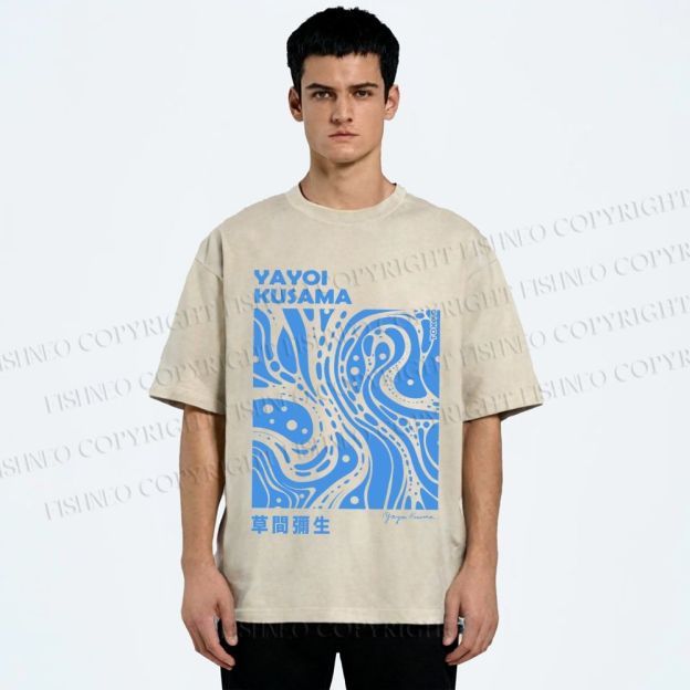 Unisex Yayoi Kusama Blue River Line Graffiti Printed Washed Tee
