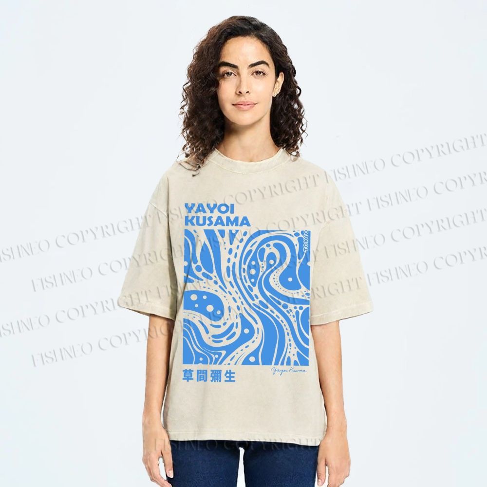Unisex Yayoi Kusama Blue River Line Graffiti Printed Washed Tee
