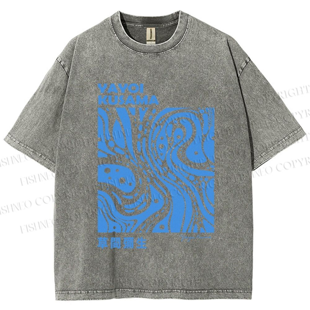 Unisex Yayoi Kusama Blue River Line Graffiti Printed Washed Tee