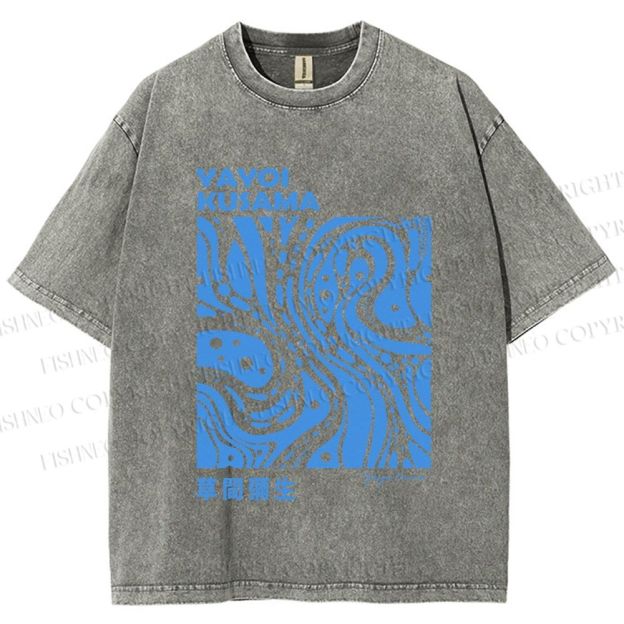 Unisex Yayoi Kusama Blue River Line Graffiti Printed Washed Tee