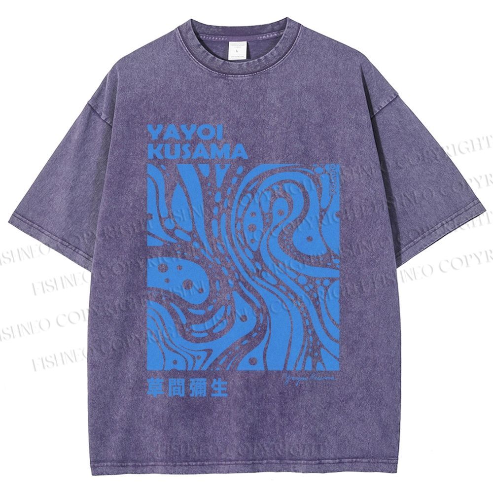 Unisex Yayoi Kusama Blue River Line Graffiti Printed Washed Tee
