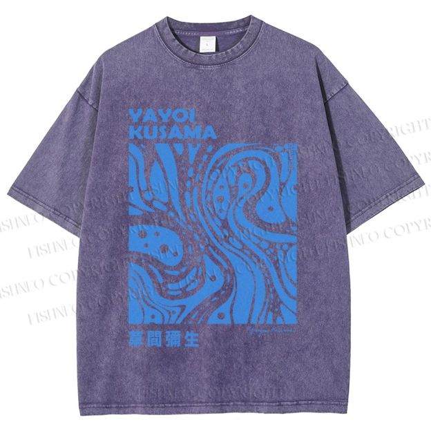 Unisex Yayoi Kusama Blue River Line Graffiti Printed Washed Tee