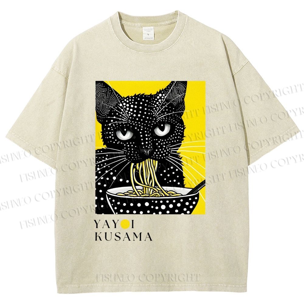 Unisex Yayoi Kusama Polka Dot Ramen Cat Printed Washed Tee