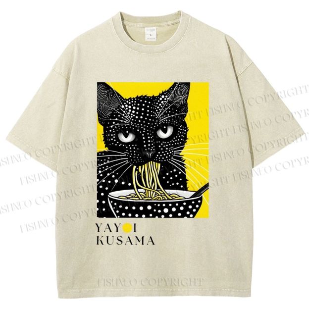 Unisex Yayoi Kusama Polka Dot Ramen Cat Printed Washed Tee