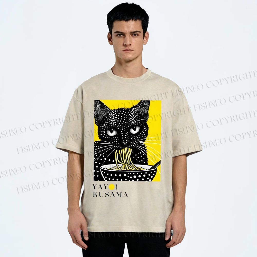 Unisex Yayoi Kusama Polka Dot Ramen Cat Printed Washed Tee