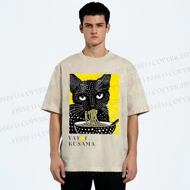 Unisex Yayoi Kusama Polka Dot Ramen Cat Printed Washed Tee