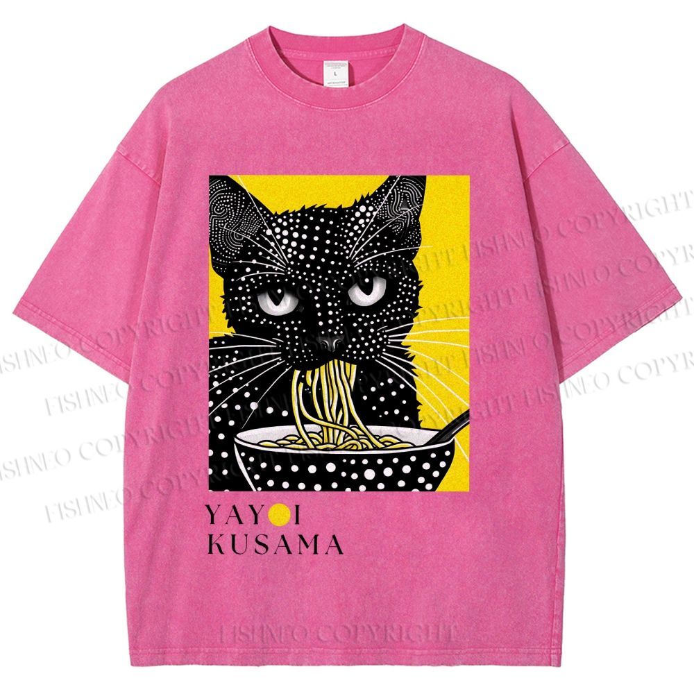 Unisex Yayoi Kusama Polka Dot Ramen Cat Printed Washed Tee