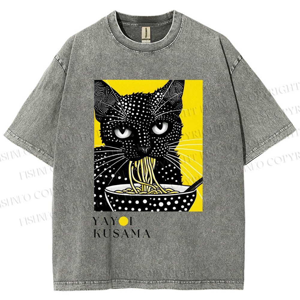 Unisex Yayoi Kusama Polka Dot Ramen Cat Printed Washed Tee