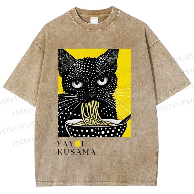Unisex Yayoi Kusama Polka Dot Ramen Cat Printed Washed Tee