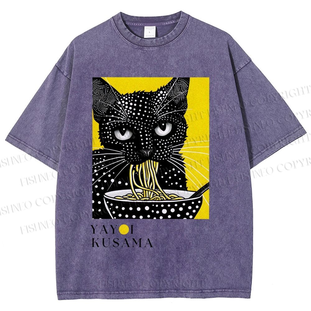 Unisex Yayoi Kusama Polka Dot Ramen Cat Printed Washed Tee