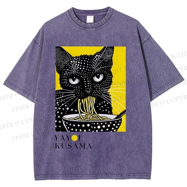 Unisex Yayoi Kusama Polka Dot Ramen Cat Printed Washed Tee