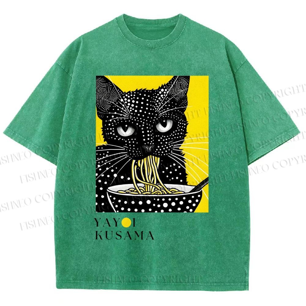 Unisex Yayoi Kusama Polka Dot Ramen Cat Printed Washed Tee