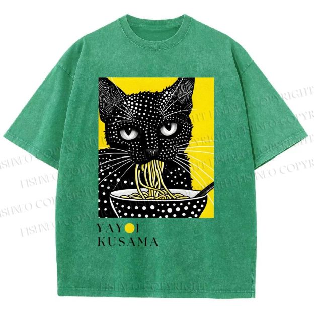 Unisex Yayoi Kusama Polka Dot Ramen Cat Printed Washed Tee