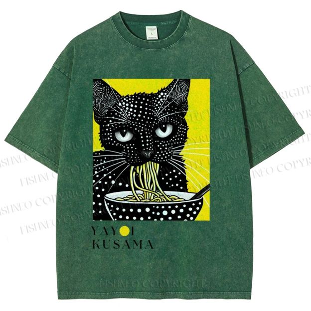 Unisex Yayoi Kusama Polka Dot Ramen Cat Printed Washed Tee