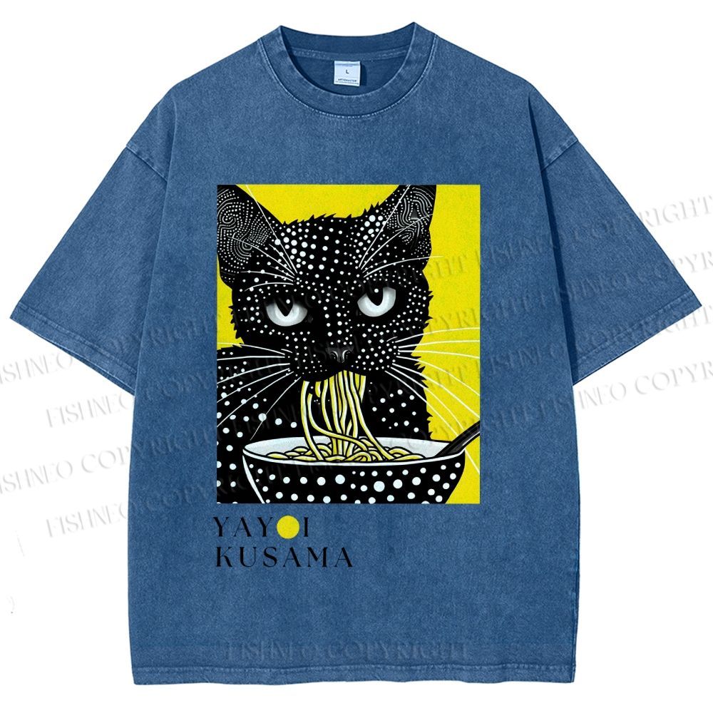Unisex Yayoi Kusama Polka Dot Ramen Cat Printed Washed Tee
