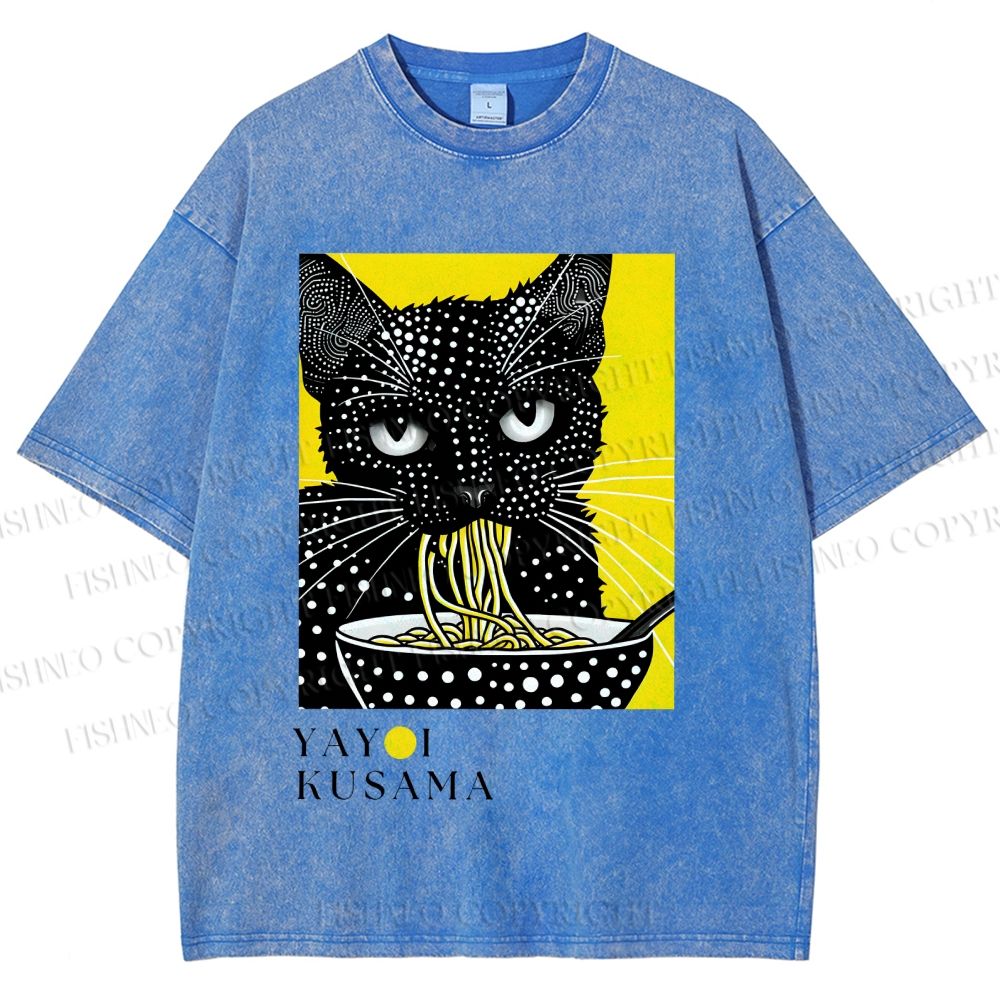 Unisex Yayoi Kusama Polka Dot Ramen Cat Printed Washed Tee