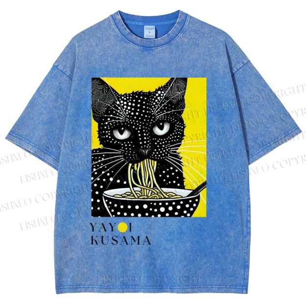 Unisex Yayoi Kusama Polka Dot Ramen Cat Printed Washed Tee