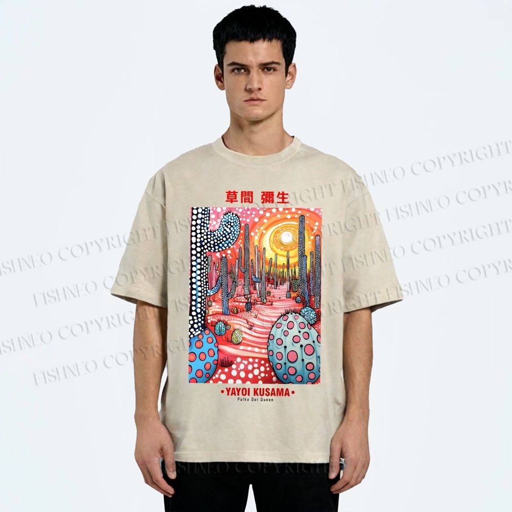 Unisex Yayoi Kusama Artistic Polka Dot Cactus Printed Washed Tee