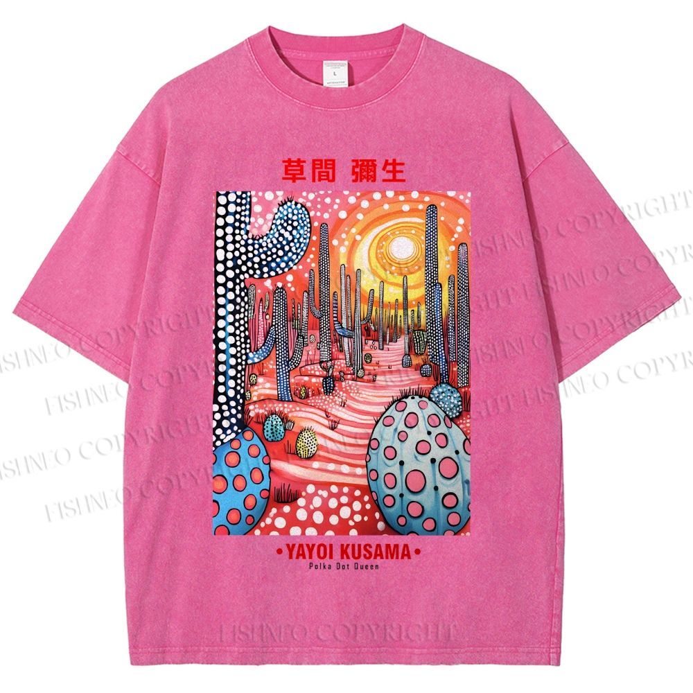 Unisex Yayoi Kusama Artistic Polka Dot Cactus Printed Washed Tee