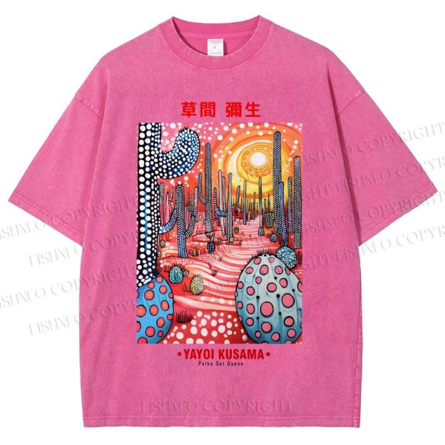 Unisex Yayoi Kusama Artistic Polka Dot Cactus Printed Washed Tee