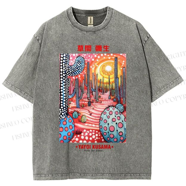 Unisex Yayoi Kusama Artistic Polka Dot Cactus Printed Washed Tee