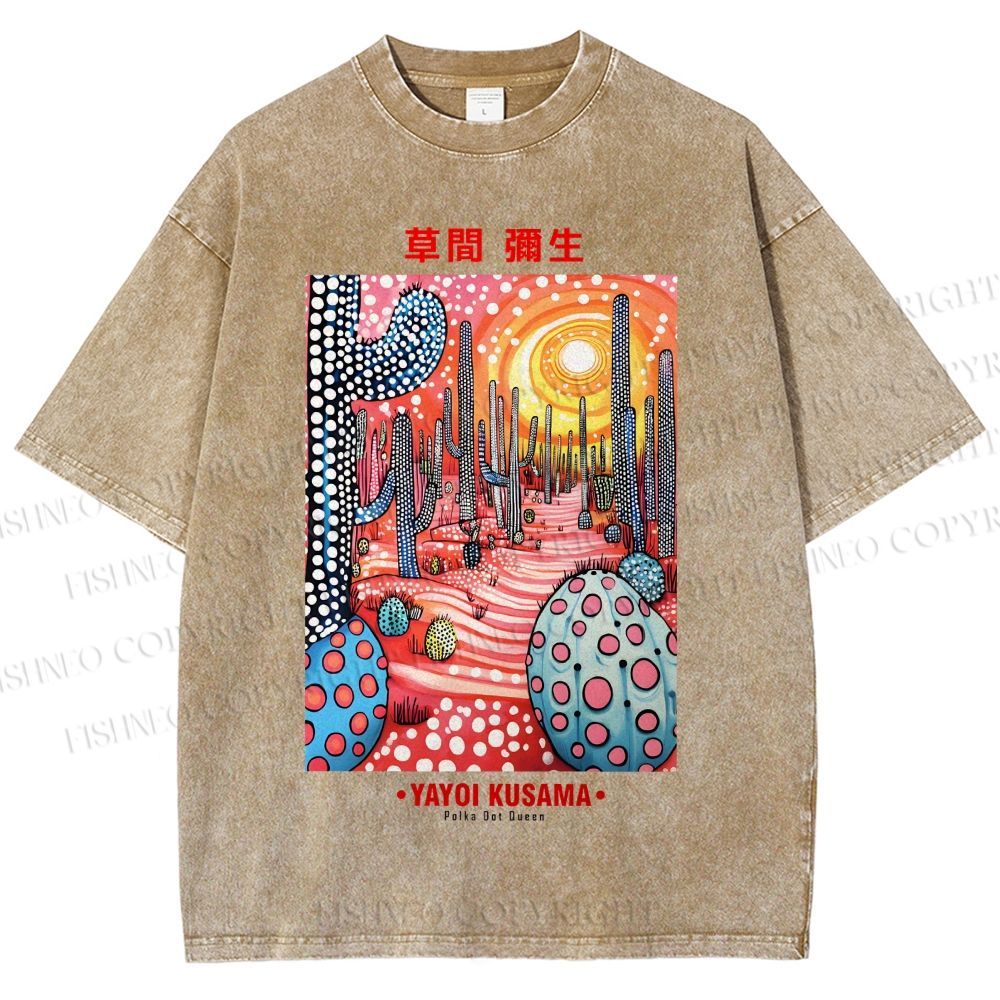 Unisex Yayoi Kusama Artistic Polka Dot Cactus Printed Washed Tee