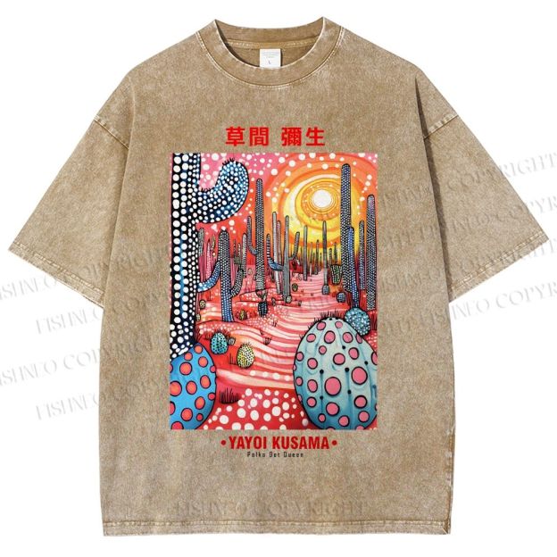 Unisex Yayoi Kusama Artistic Polka Dot Cactus Printed Washed Tee