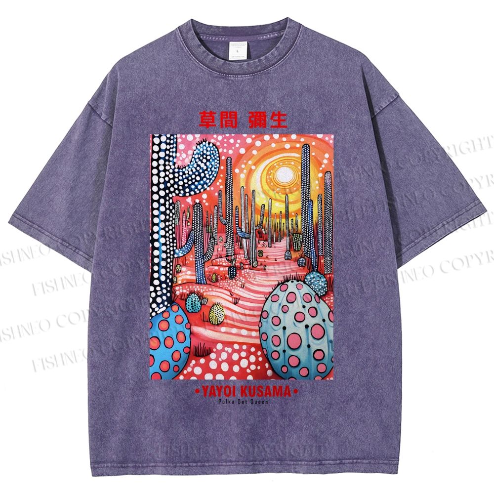 Unisex Yayoi Kusama Artistic Polka Dot Cactus Printed Washed Tee
