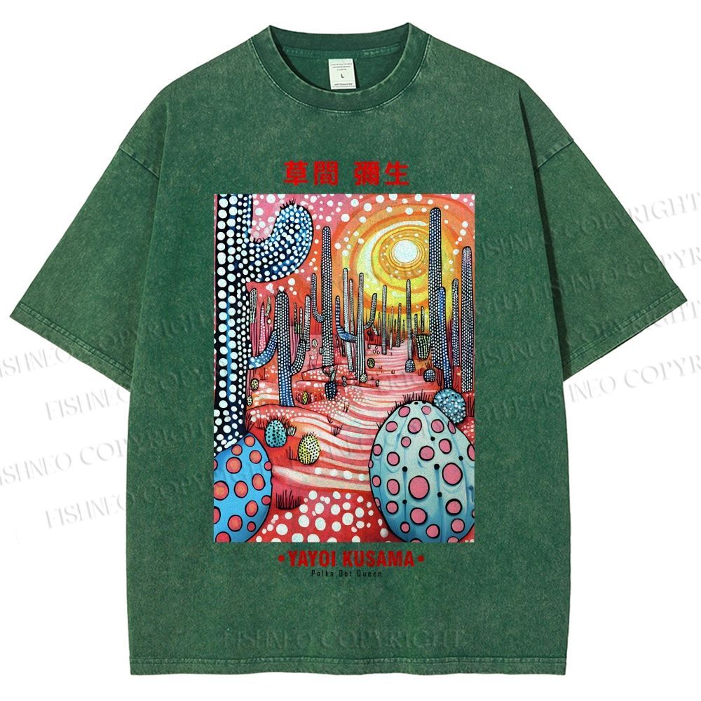 Unisex Yayoi Kusama Artistic Polka Dot Cactus Printed Washed Tee