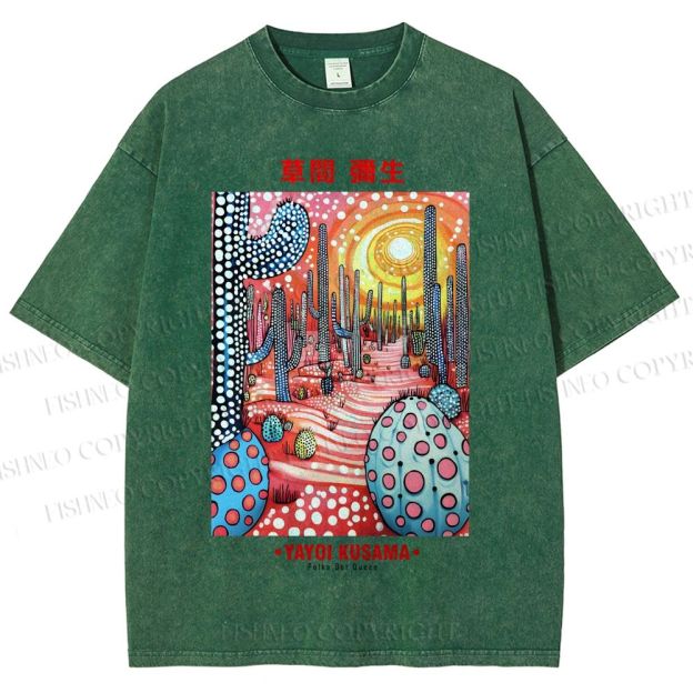 Unisex Yayoi Kusama Artistic Polka Dot Cactus Printed Washed Tee