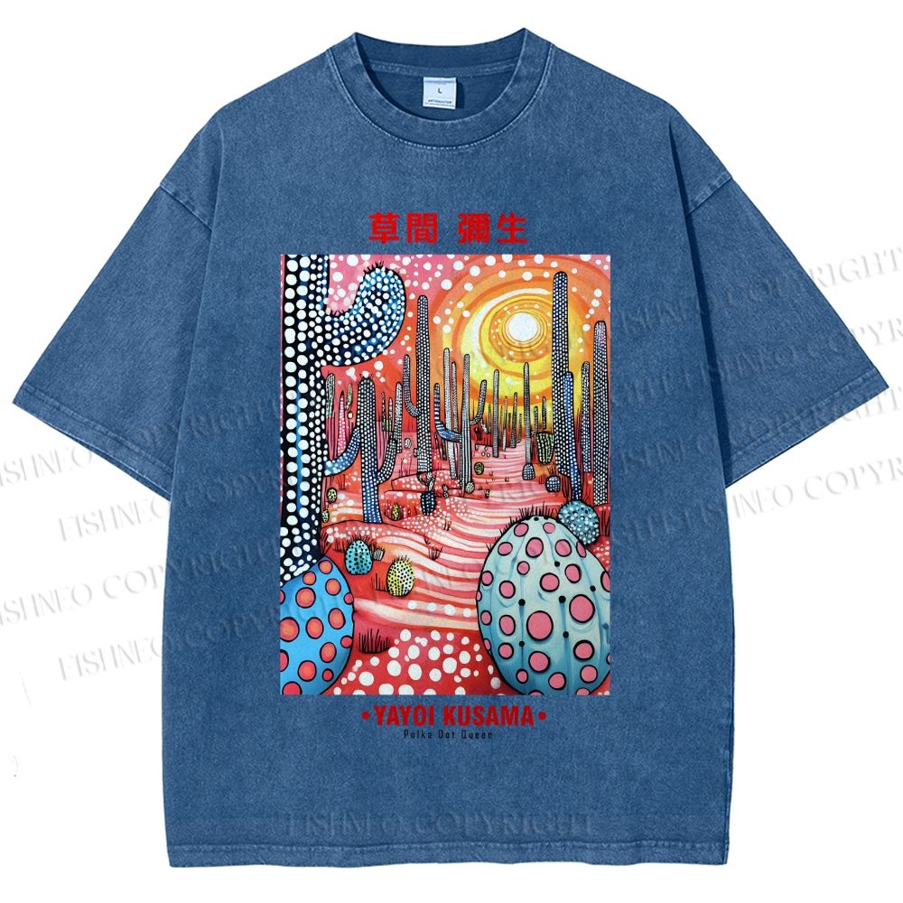Unisex Yayoi Kusama Artistic Polka Dot Cactus Printed Washed Tee