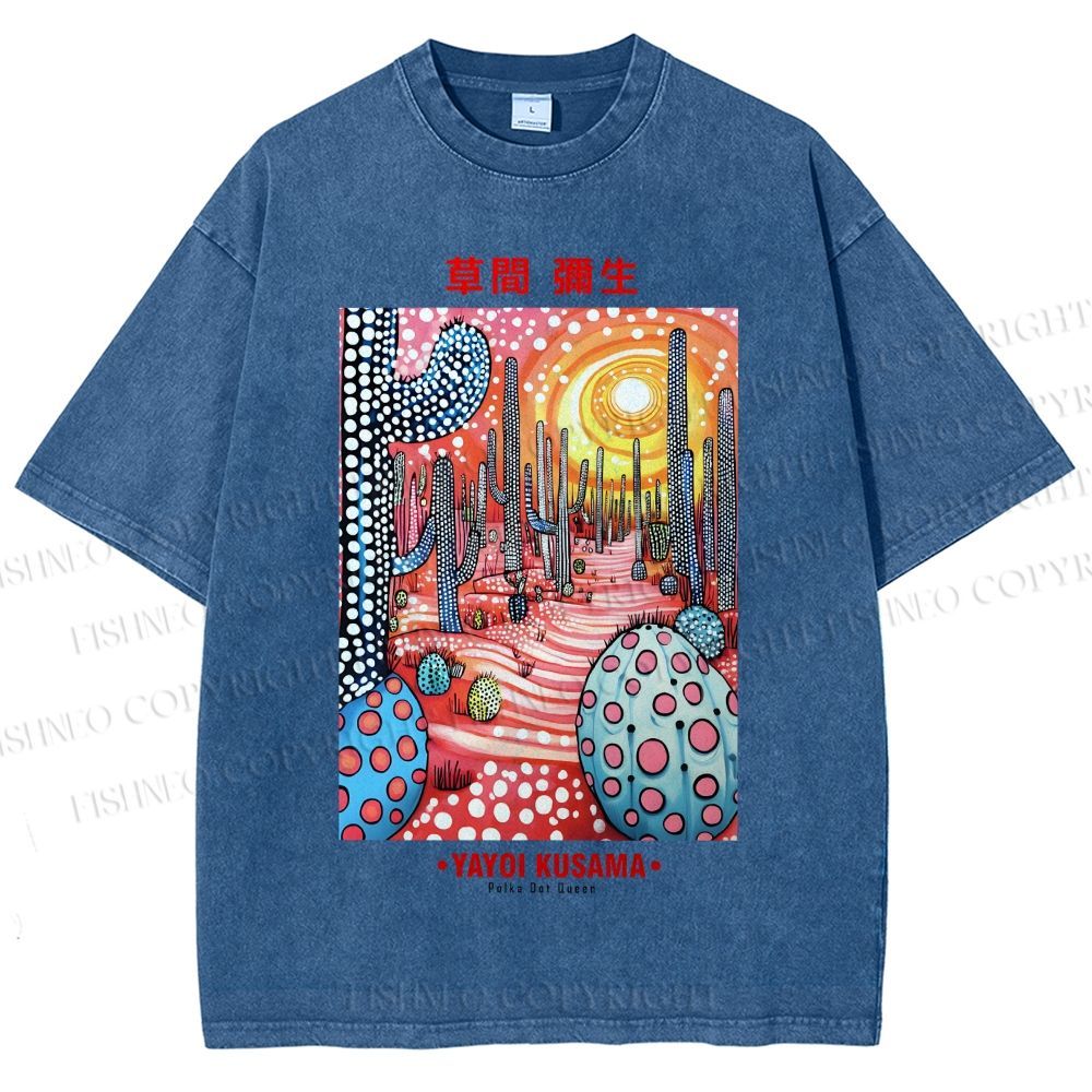 Unisex Yayoi Kusama Artistic Polka Dot Cactus Printed Washed Tee