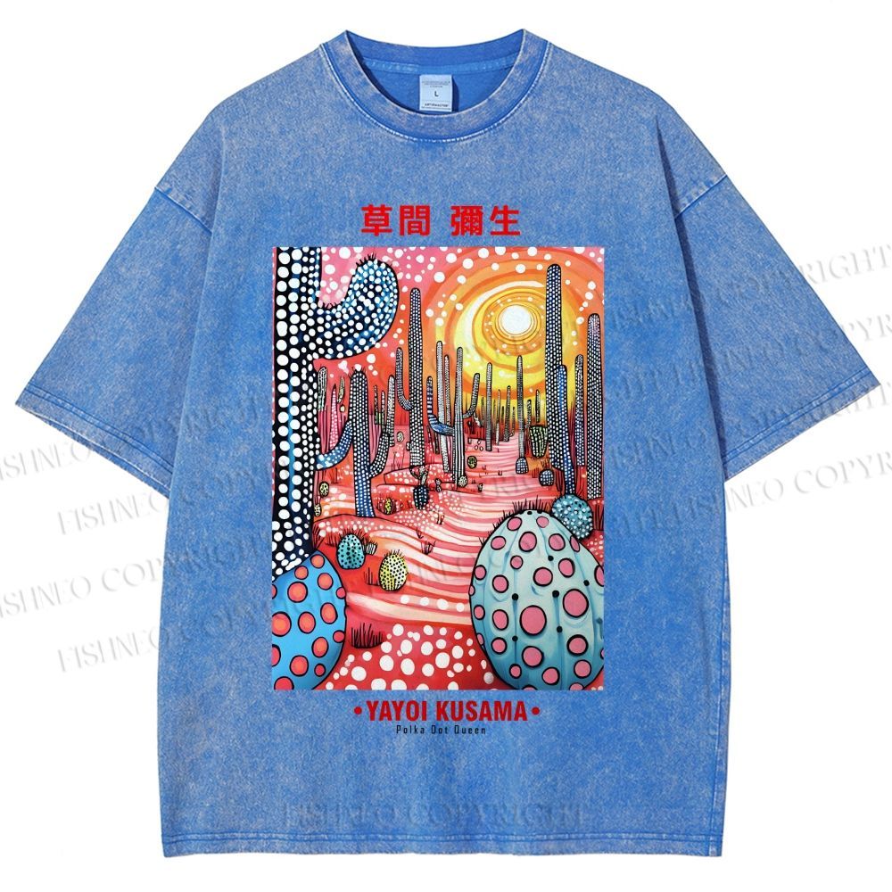 Unisex Yayoi Kusama Artistic Polka Dot Cactus Printed Washed Tee
