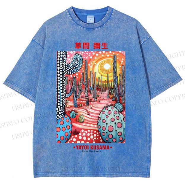 Unisex Yayoi Kusama Artistic Polka Dot Cactus Printed Washed Tee