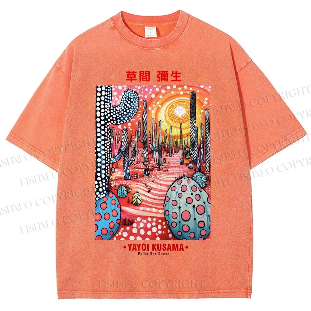 Unisex Yayoi Kusama Artistic Polka Dot Cactus Printed Washed Tee