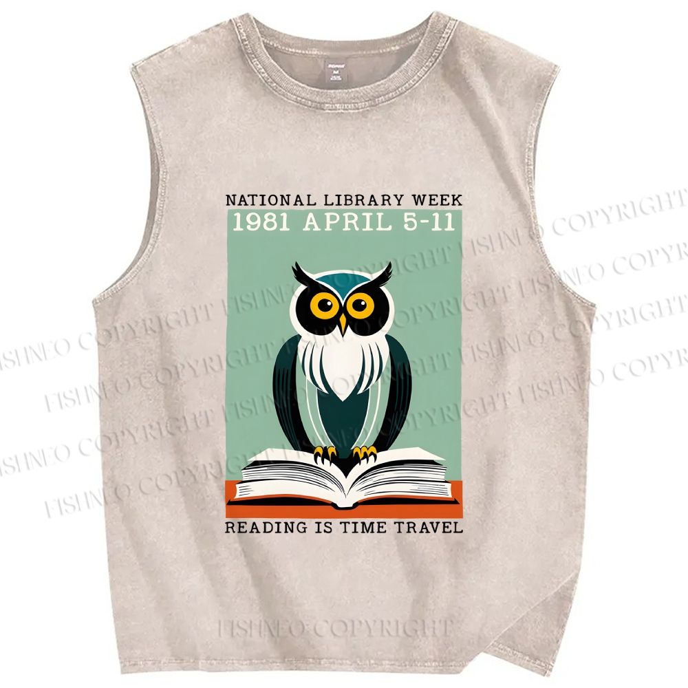 Unisex National Library Week Owl Printed Washed Tank Top