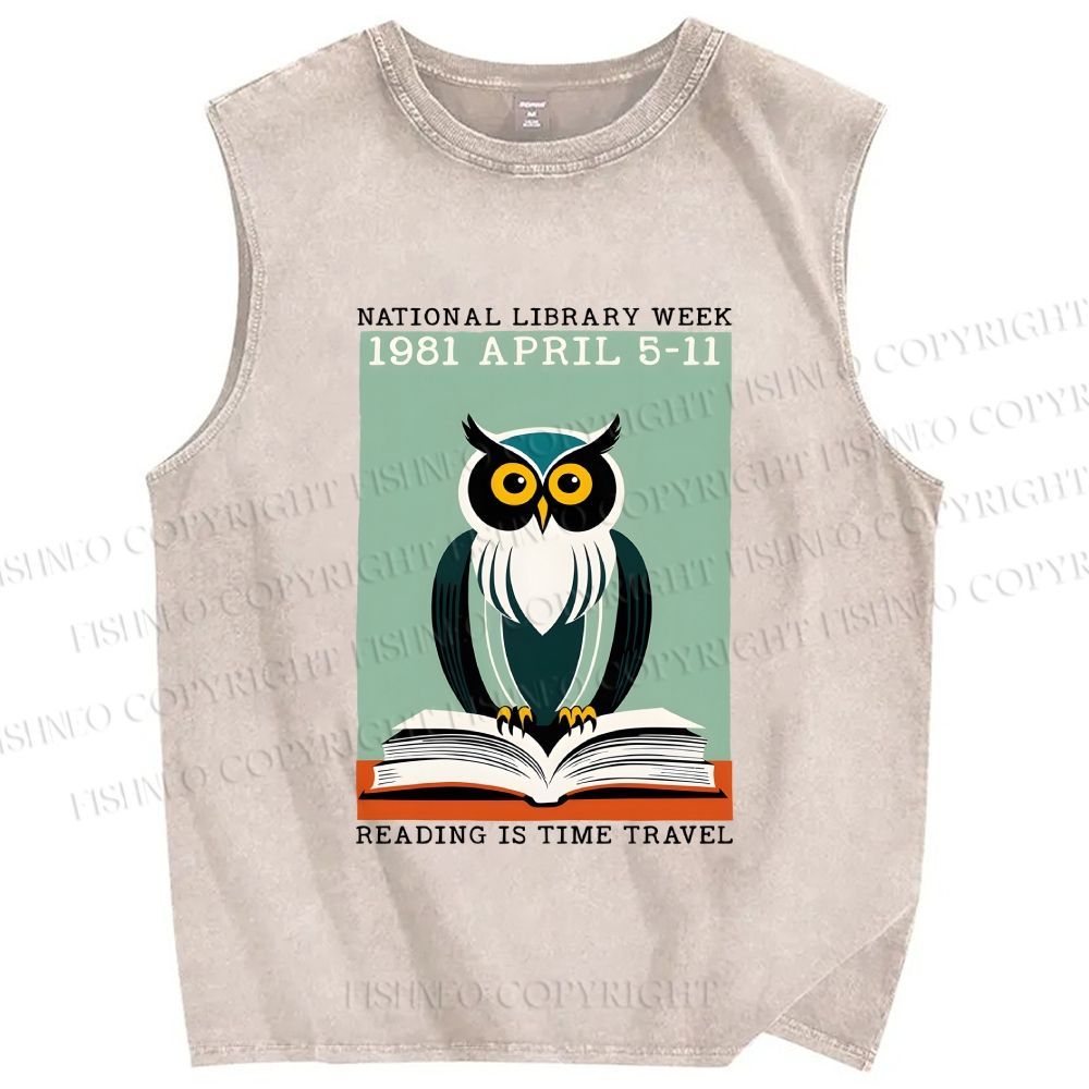 Unisex National Library Week Owl Printed Washed Tank Top