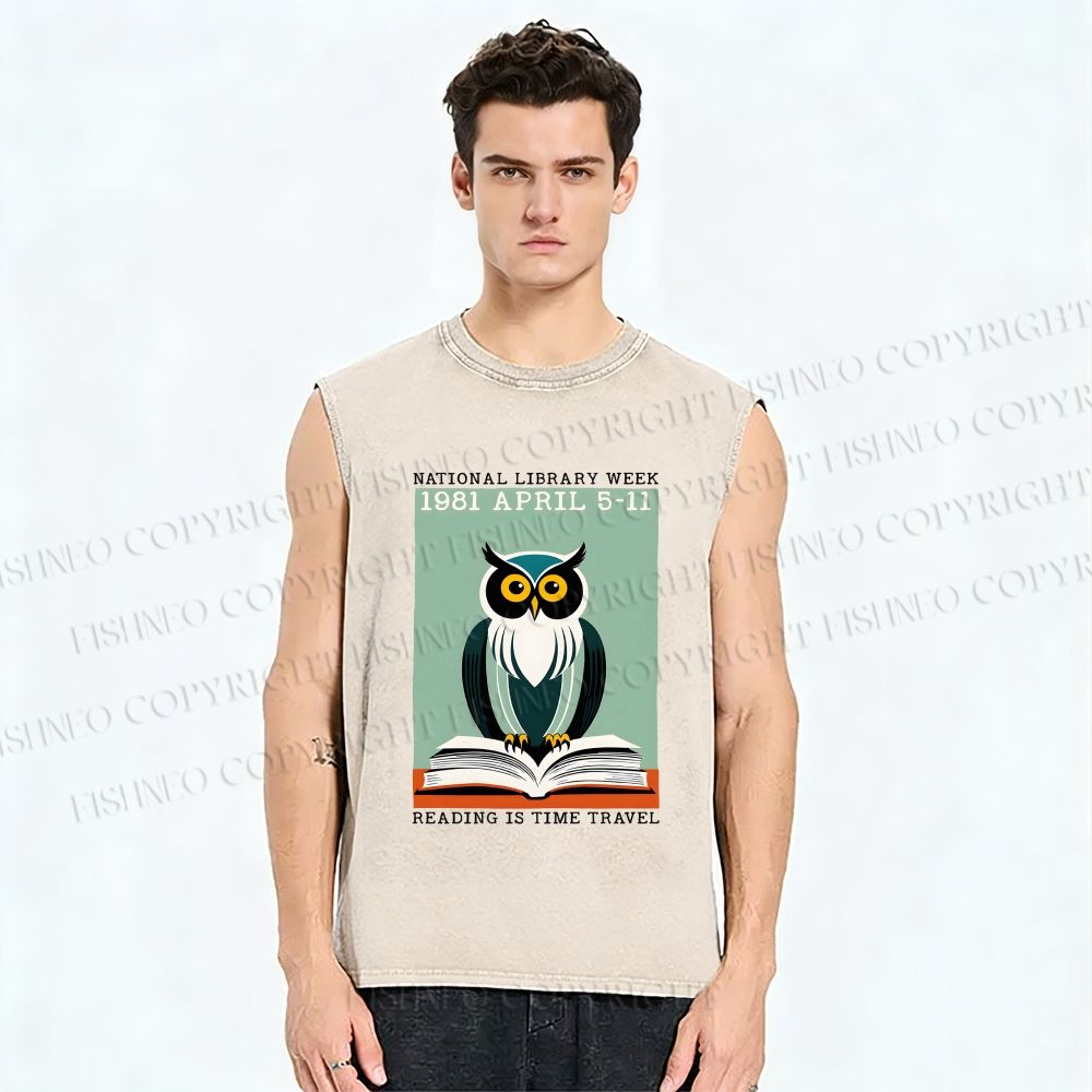 Unisex National Library Week Owl Printed Washed Tank Top