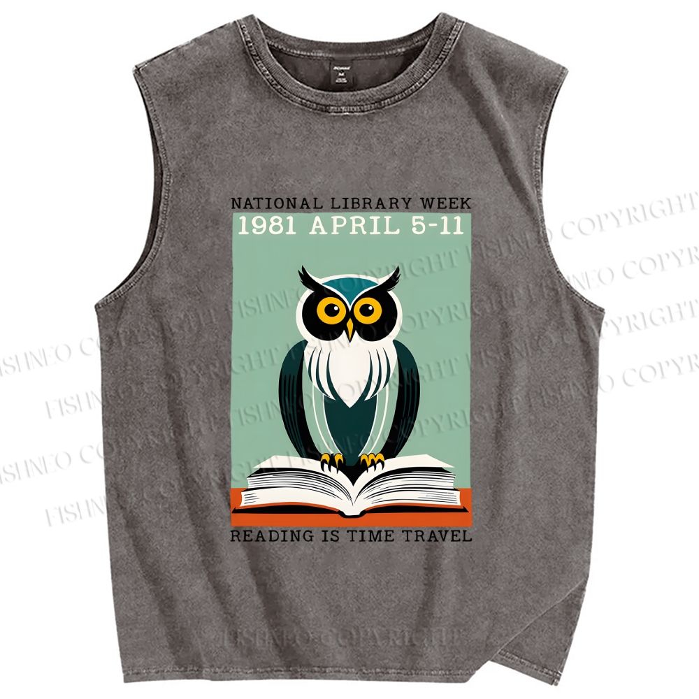 Unisex National Library Week Owl Printed Washed Tank Top