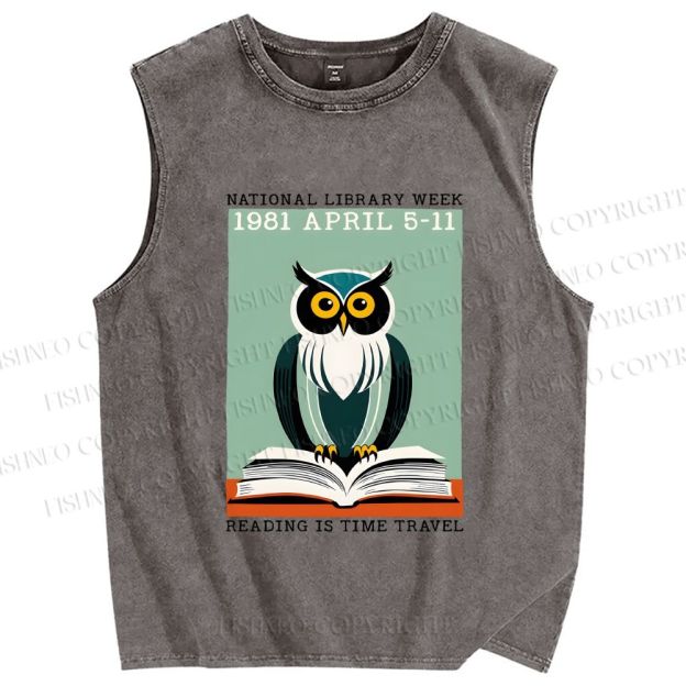 Unisex National Library Week Owl Printed Washed Tank Top