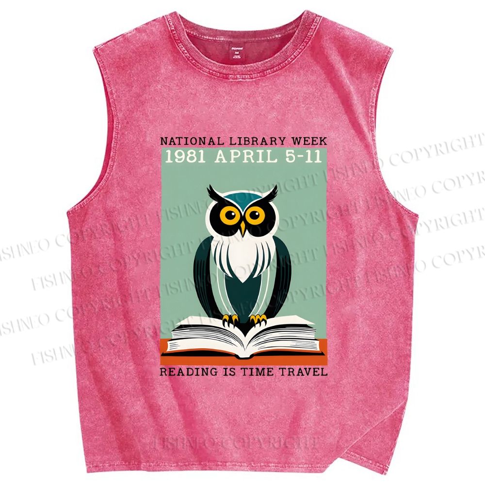 Unisex National Library Week Owl Printed Washed Tank Top