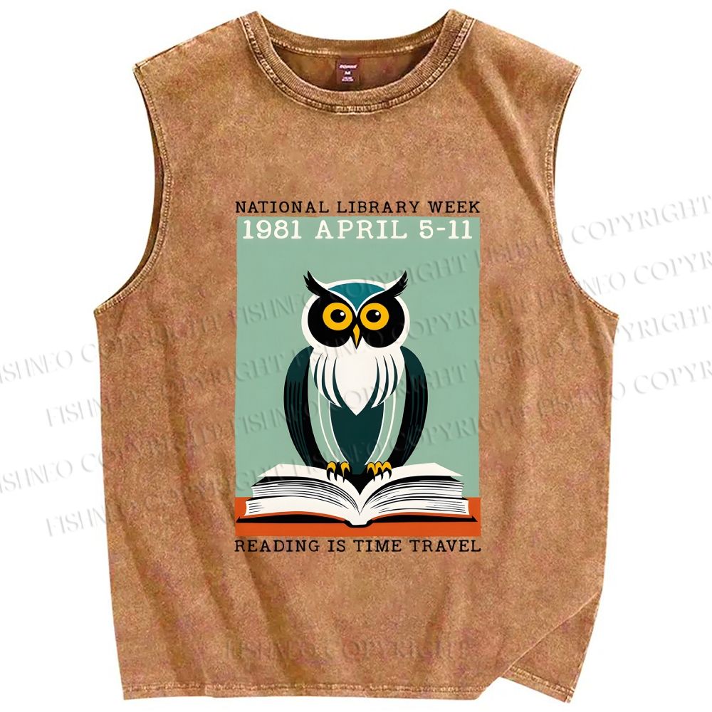 Unisex National Library Week Owl Printed Washed Tank Top