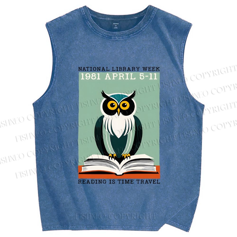Unisex National Library Week Owl Printed Washed Tank Top