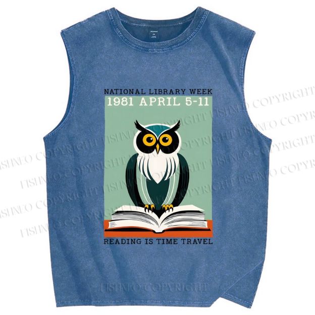 Unisex National Library Week Owl Printed Washed Tank Top