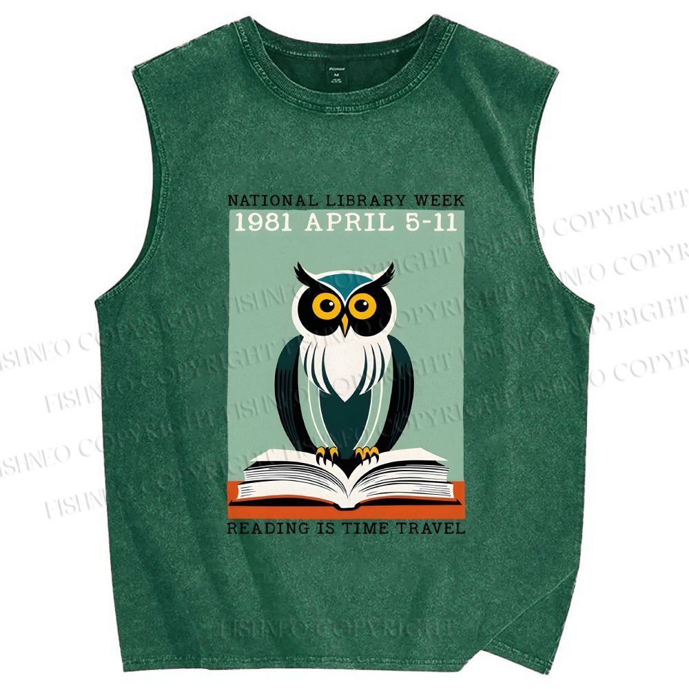 Unisex National Library Week Owl Printed Washed Tank Top