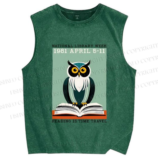 Unisex National Library Week Owl Printed Washed Tank Top