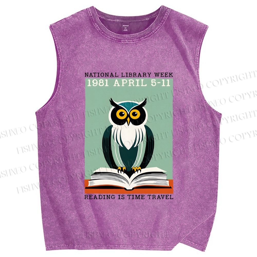 Unisex National Library Week Owl Printed Washed Tank Top