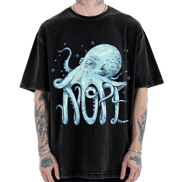 Unisex Octopus Nope Printed Washed Tee